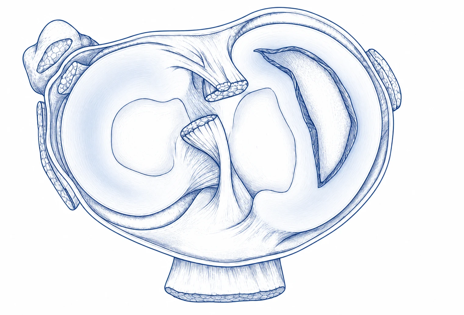 Top-down view of the tibial plateau showing a displaced bucket-handle tear of the medial meniscus