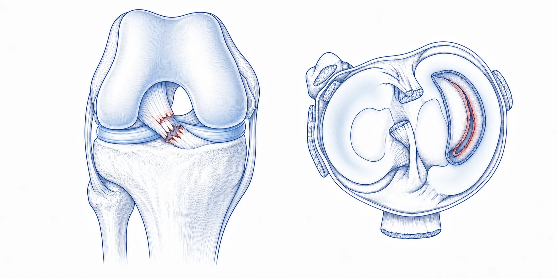 Veterinary knee illustrations showing a torn cranial cruciate ligament and a displaced bucket-handle meniscal tear