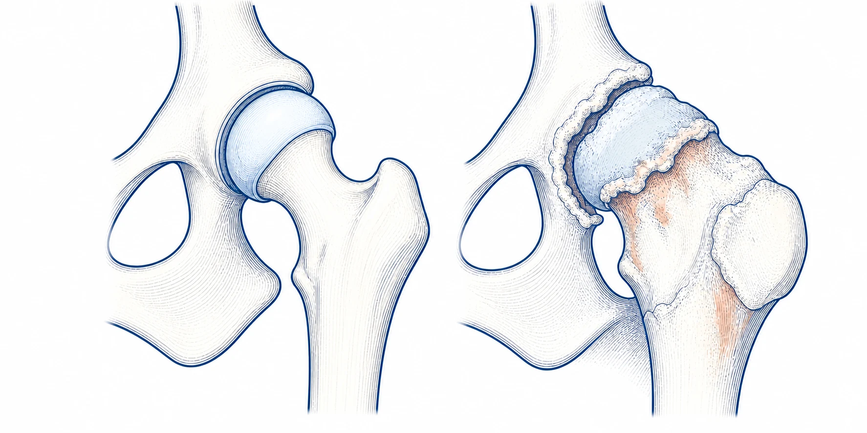 Two canine hip illustrations showing hip laxity and advanced hip dysplasia with osteoarthritis