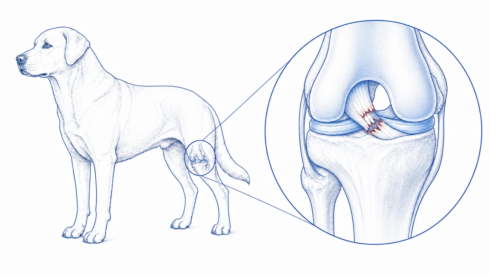 Dog with an enlarged veterinary illustration of a torn cranial cruciate ligament in the knee