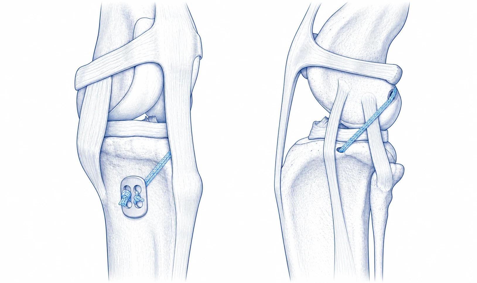 Medial and lateral views of a canine knee stabilized with a lateral extracapsular suture