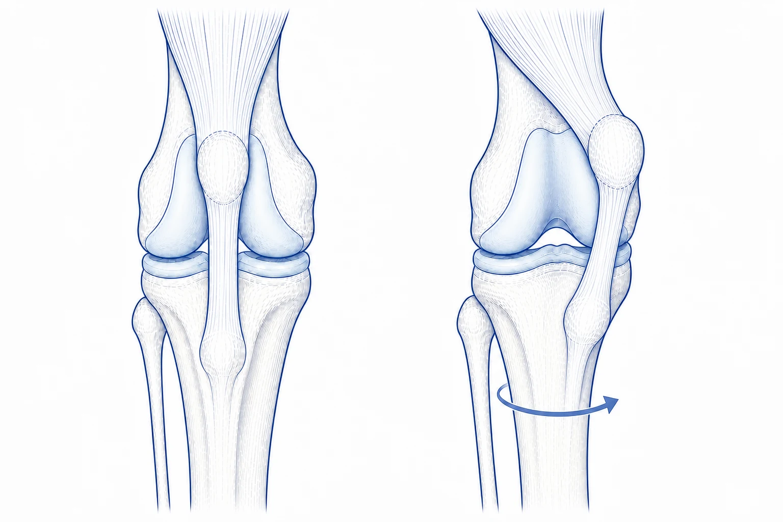 Front views of a normal canine knee and a knee with the patella displaced toward the inside of the leg