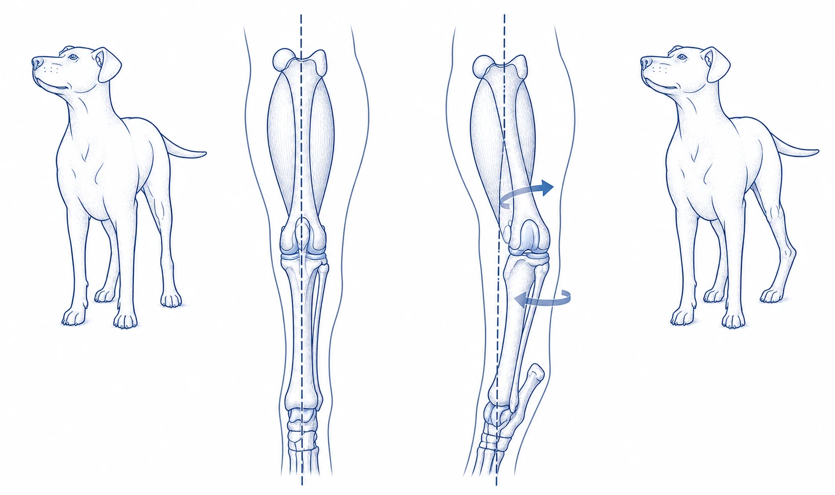Comparison of a normally aligned canine hind limb with a limb showing medial patellar luxation and inward tibial rotation