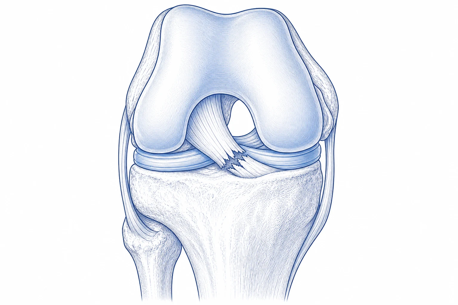 Front view of a canine knee showing a torn cranial cruciate ligament between the femur and tibia