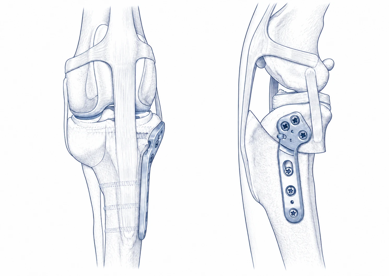 Front and side views of a canine knee after TPLO with a plate and screws and no added extracapsular brace