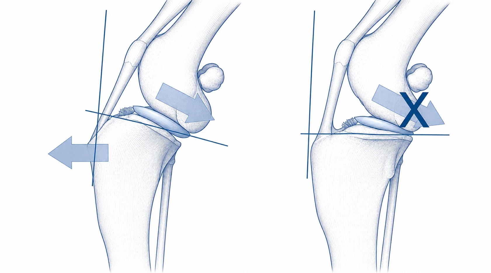 Side-view comparison showing abnormal forward tibial thrust before TPLO and reduced thrust after the tibial plateau is rotated