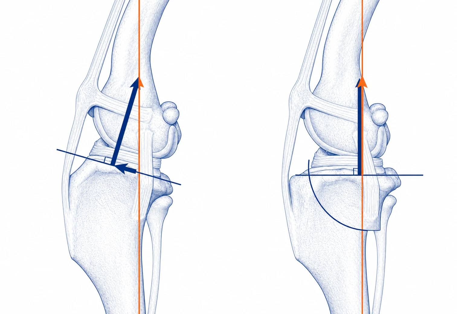 Side-view canine knee diagrams showing abnormal forward tibial thrust and how TPLO changes the direction of the forces