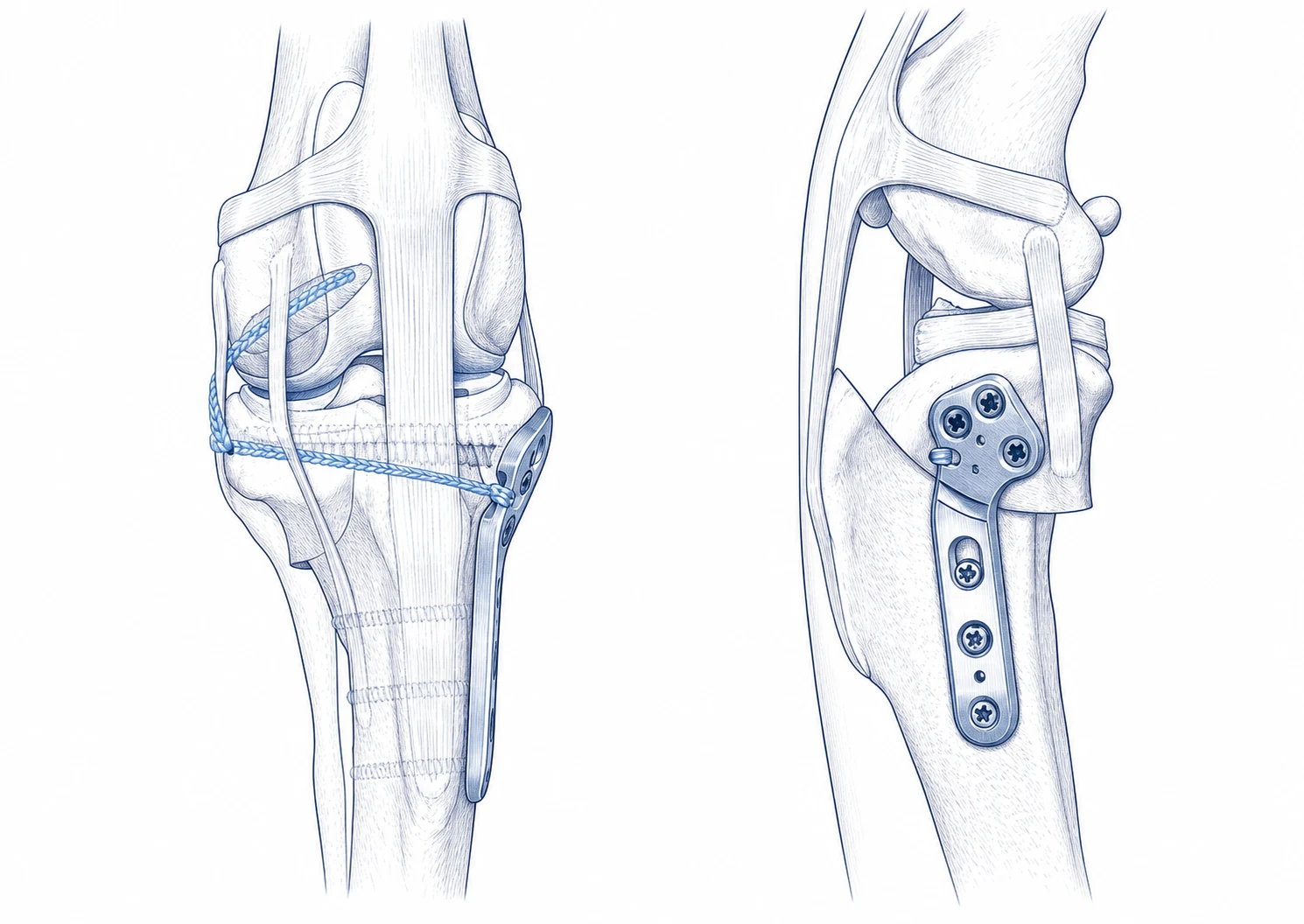 Front and side views of a canine knee after TPLO with an added extracapsular brace outside the joint