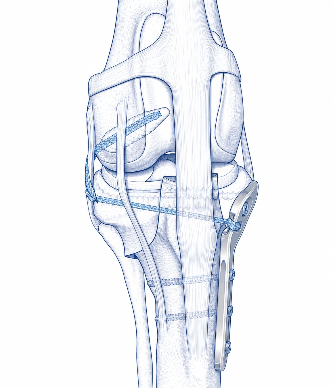 Canine knee after TPLO with a plate on the tibia and an added extracapsular brace placed outside the joint