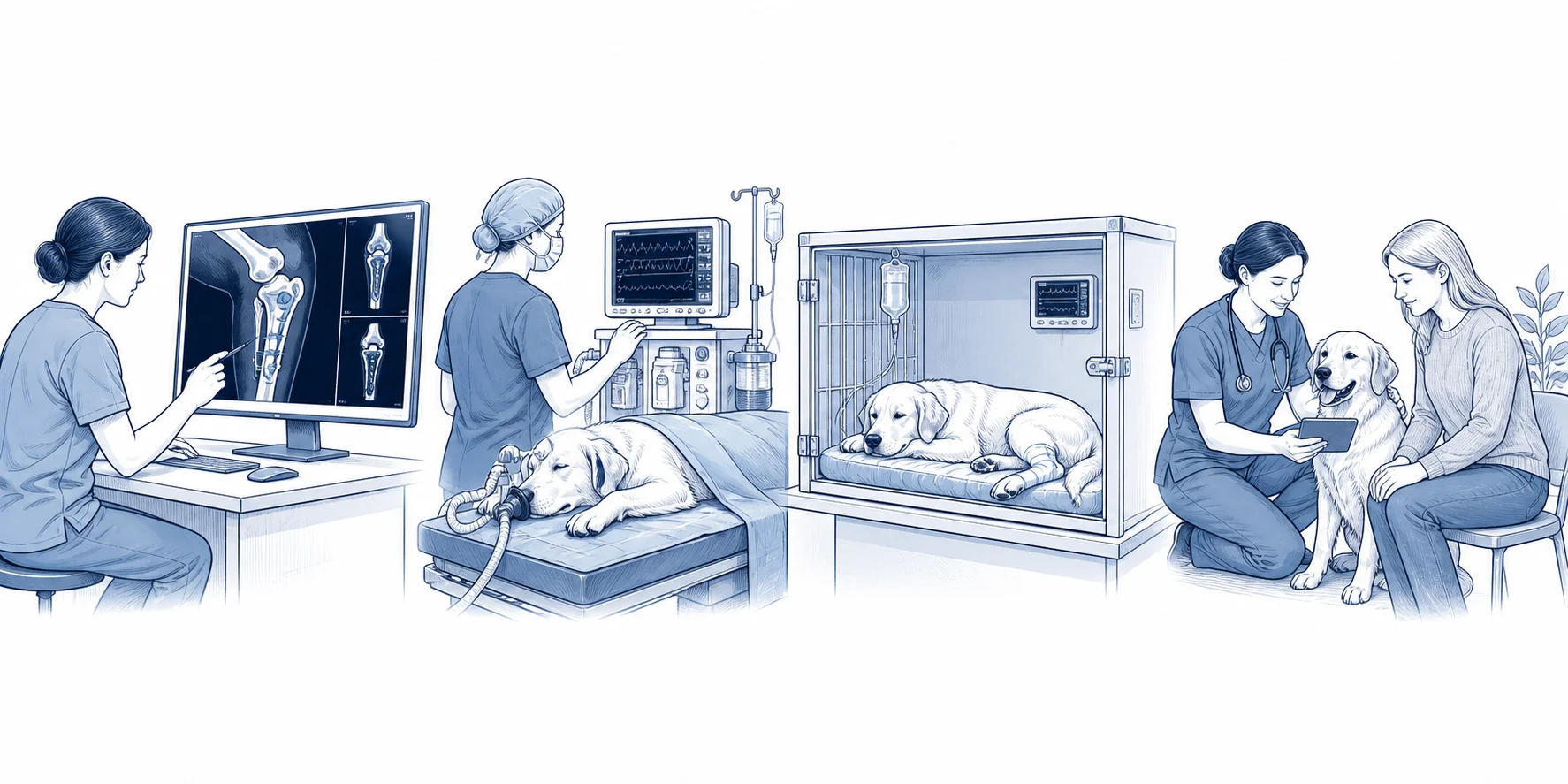Illustrated TPLO care pathway showing surgical planning, anesthesia monitoring, hospital recovery, and a surgeon-led follow-up visit