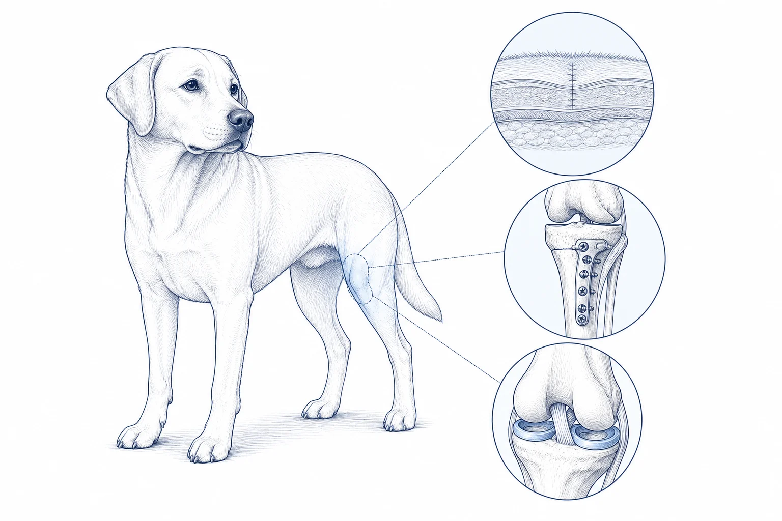 Veterinary illustration of a dog with inset views of the skin incision, the healing tibia and TPLO plate, and the meniscus inside the knee