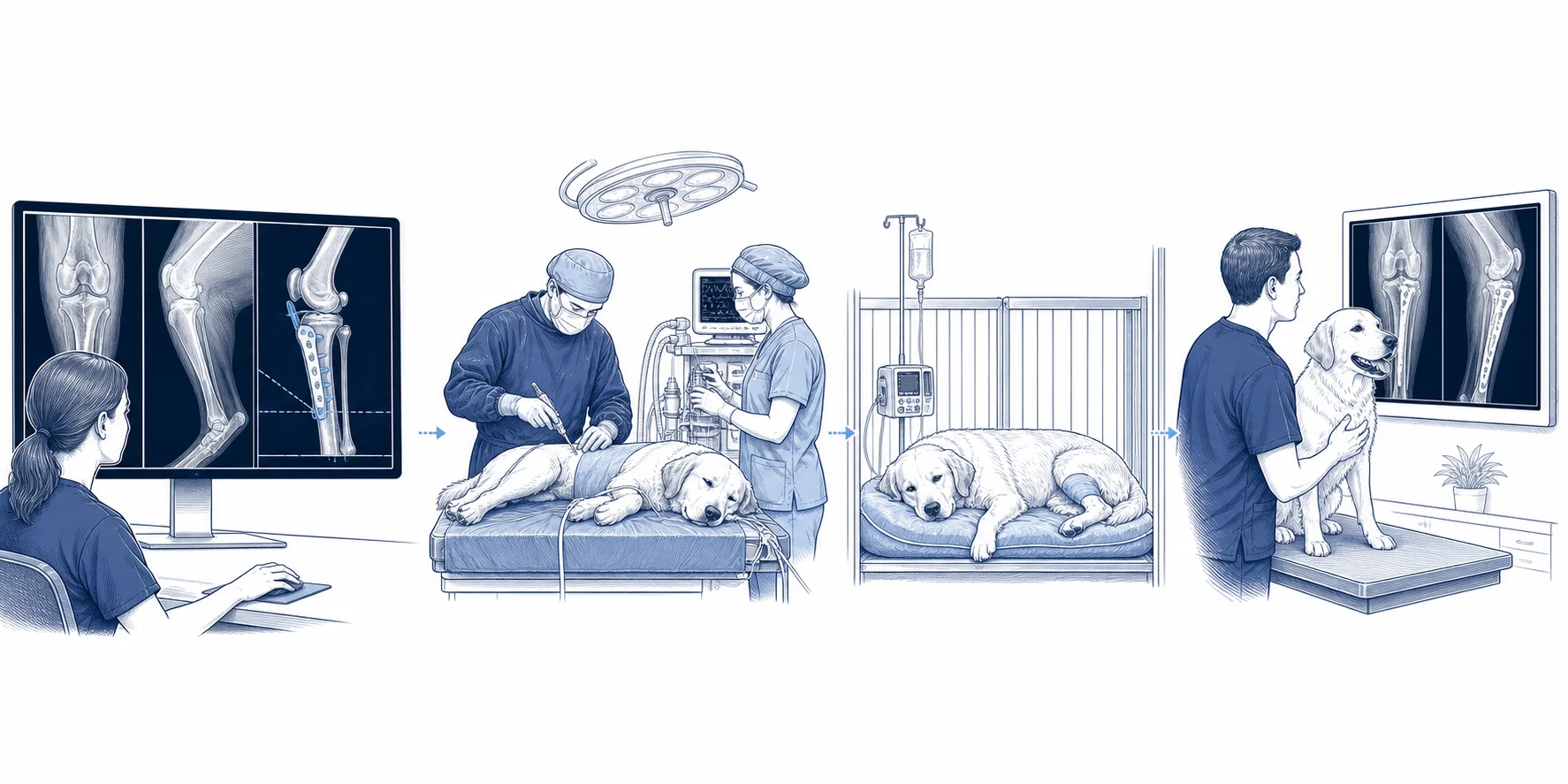 Illustrated TPLO care pathway showing preoperative planning, surgery and anesthesia monitoring, hospital care, and a healing radiograph review