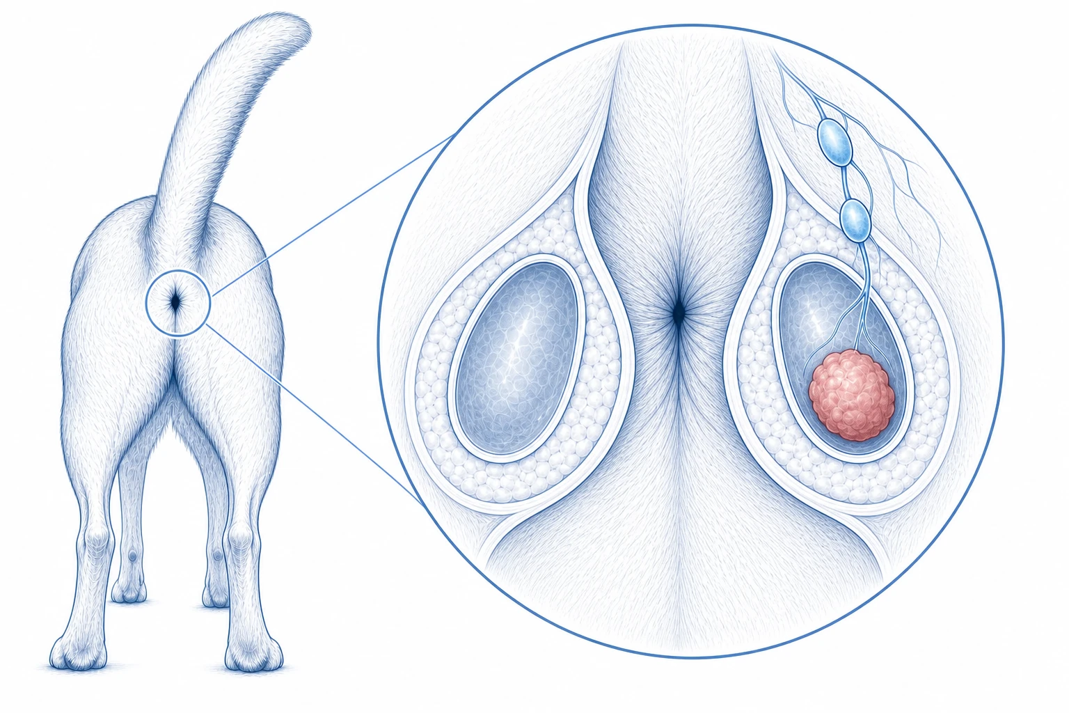 Rear-view illustration of paired canine anal sacs, one internal anal-sac mass, and regional lymphatic nodes