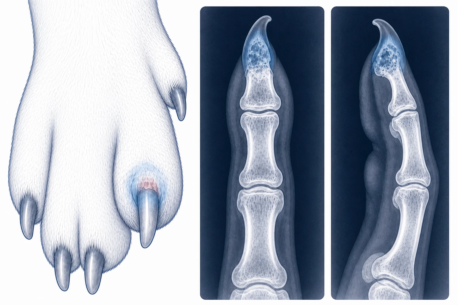 Canine nail-bed lesion with two clearly visible orthogonal digit radiographs