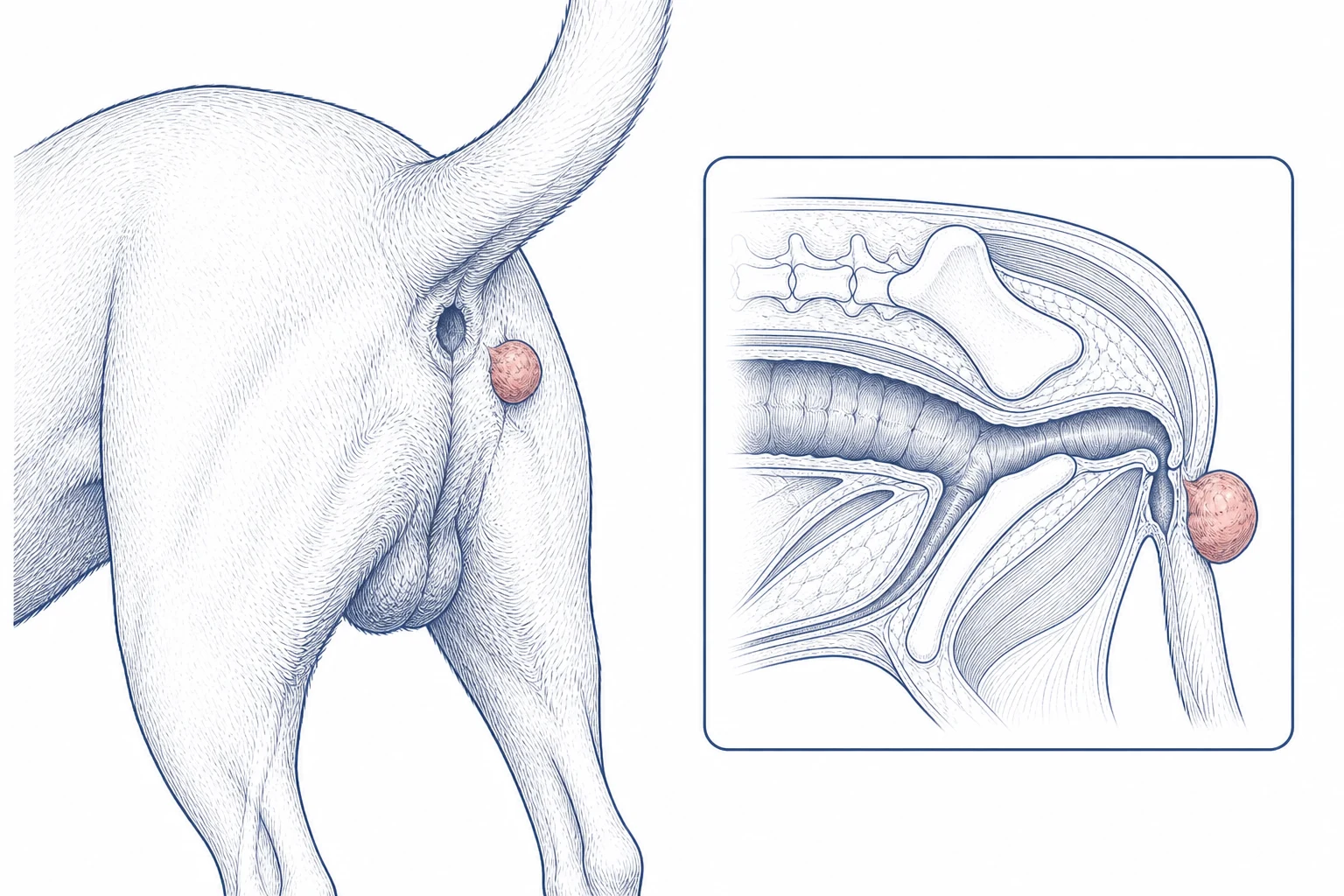Rear-view illustration of an external canine perineal mass